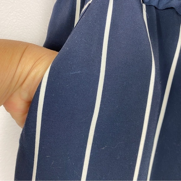 Zara TRF Striped Straight Leg Crop Trousers Drawstring Waist Medium Navy - Picture 5 of 12